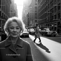Elderly Woman in Busy City Street Surrounded by Vintage Cars