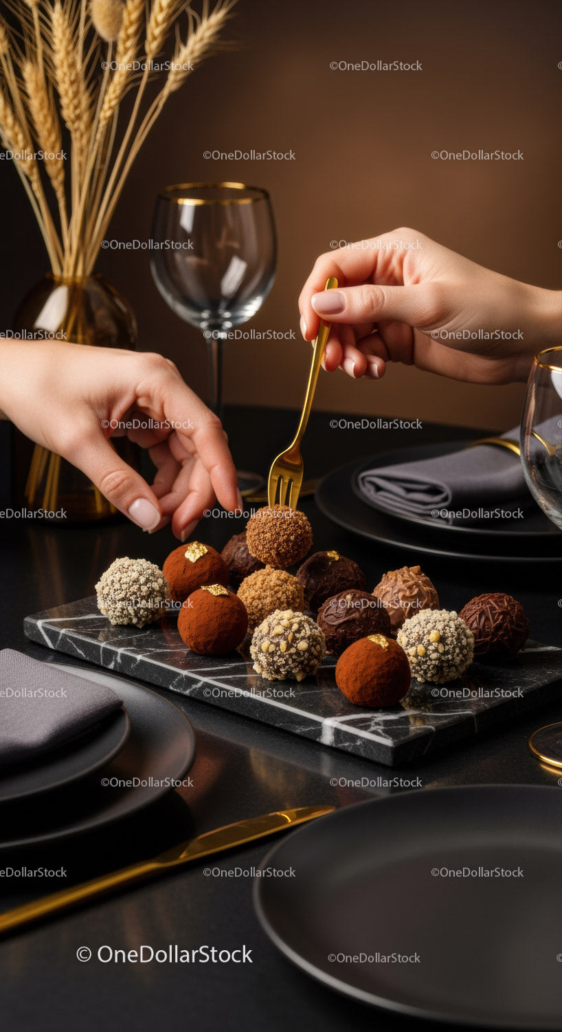 Elegant Chocolate Assortment on Stylish Black Table with Gold Accents