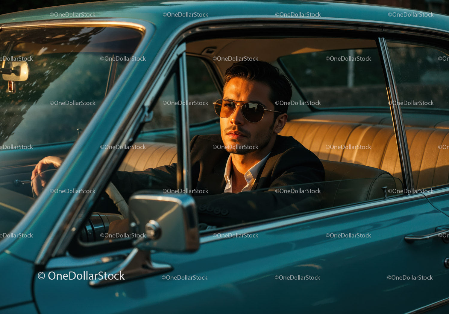 Stylish Man in Sunglasses Sitting in Classic Vintage Car at Sunset