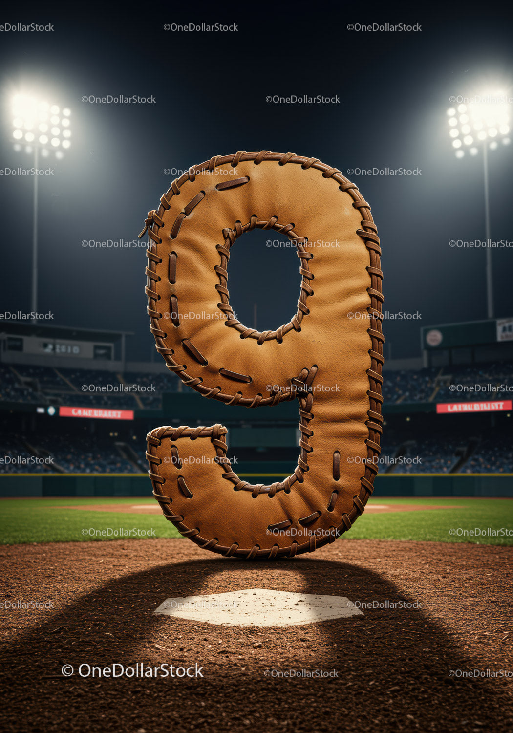 Baseball glove shaped number nine on field at night