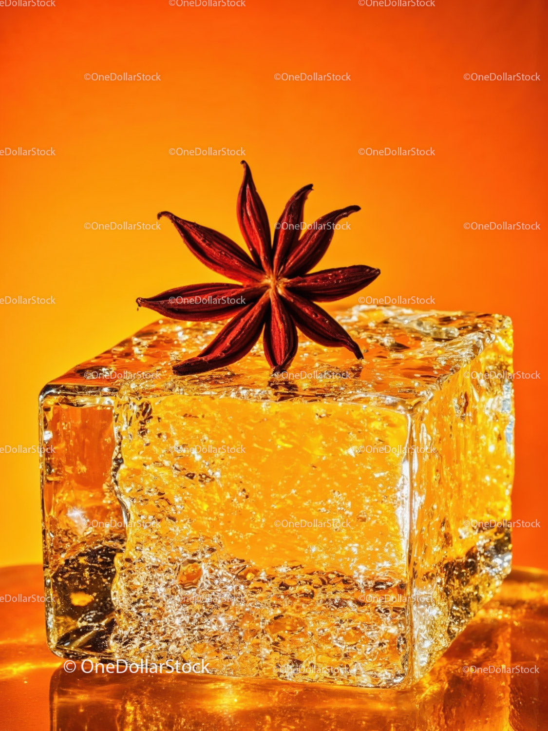 Star anise resting on a glowing amber ice cube