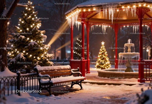 Snowy Park with Christmas Lights and Festive Fountain