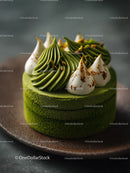 Green Matcha Cake with Chocolate Base and Artistic Garnish