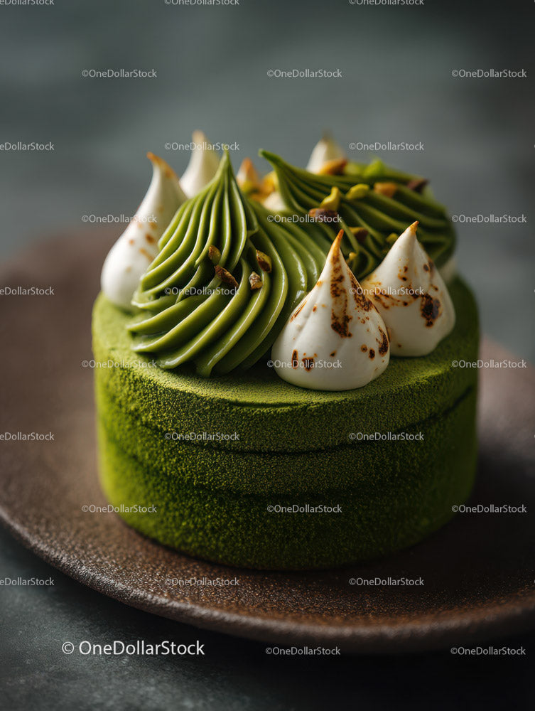 Green Matcha Cake with Chocolate Base and Artistic Garnish