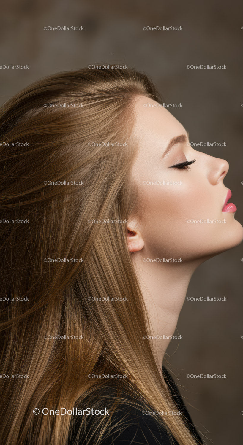 Profile of peaceful young woman with long flowing hair