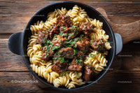 Hearty Beef and Cherry Tomato Pasta in Rustic Skillet