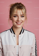 Bright Smile of Young Woman in Casual Jacket Against Pink Background