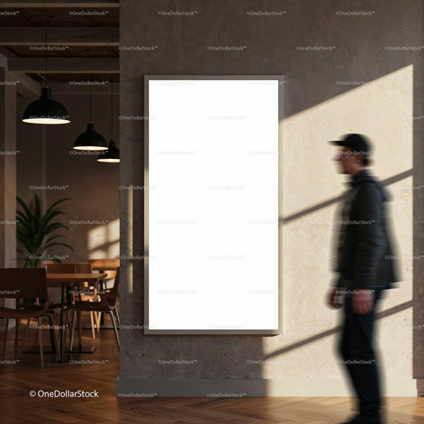 Modern interior with blank vertical poster on wall JPG Mockup Image
