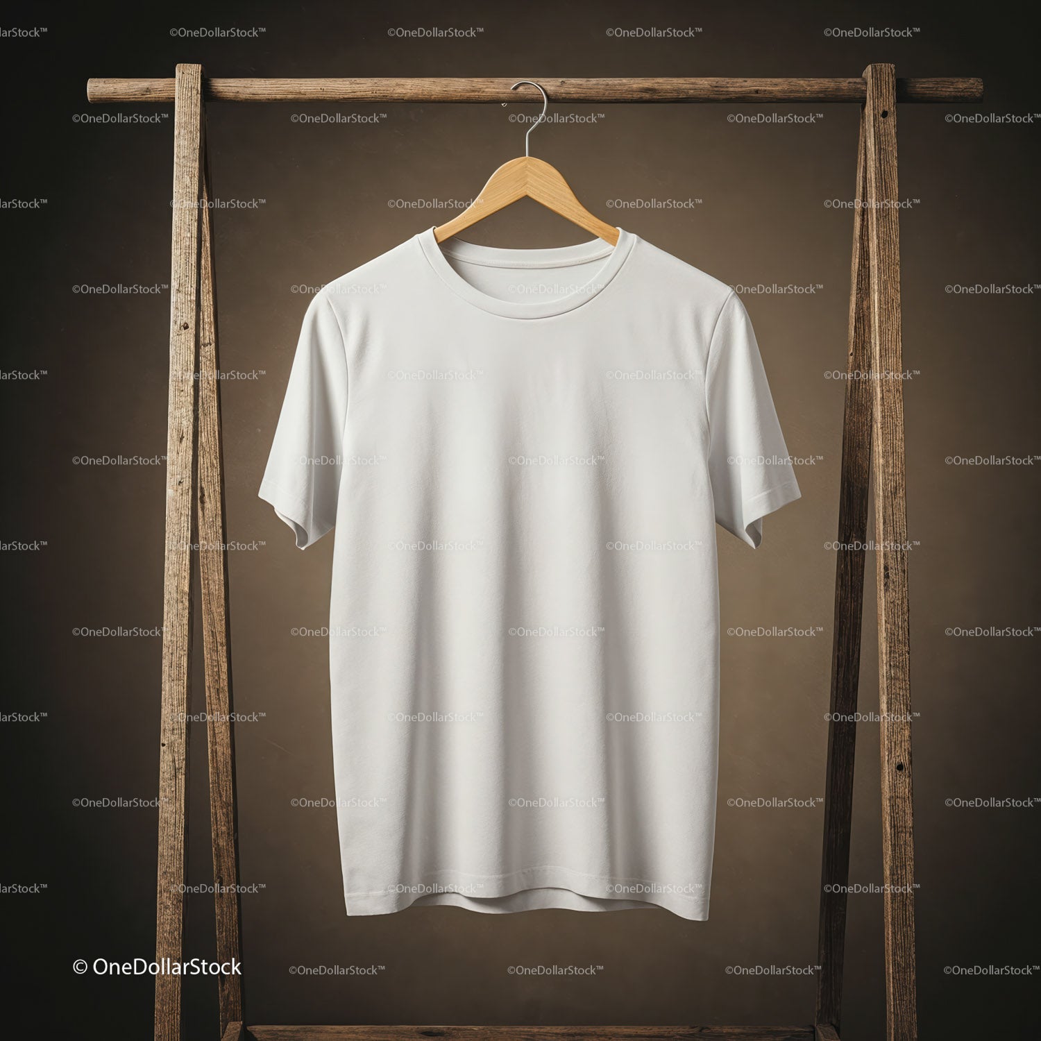 Minimalist White T-Shirt Hanging on Rustic Wooden Rack