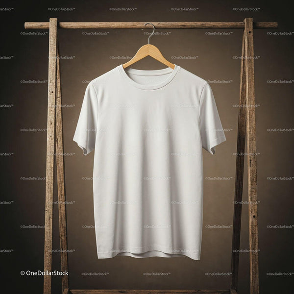 Minimalist White T-Shirt Hanging on Rustic Wooden Rack JPG Mockup Image