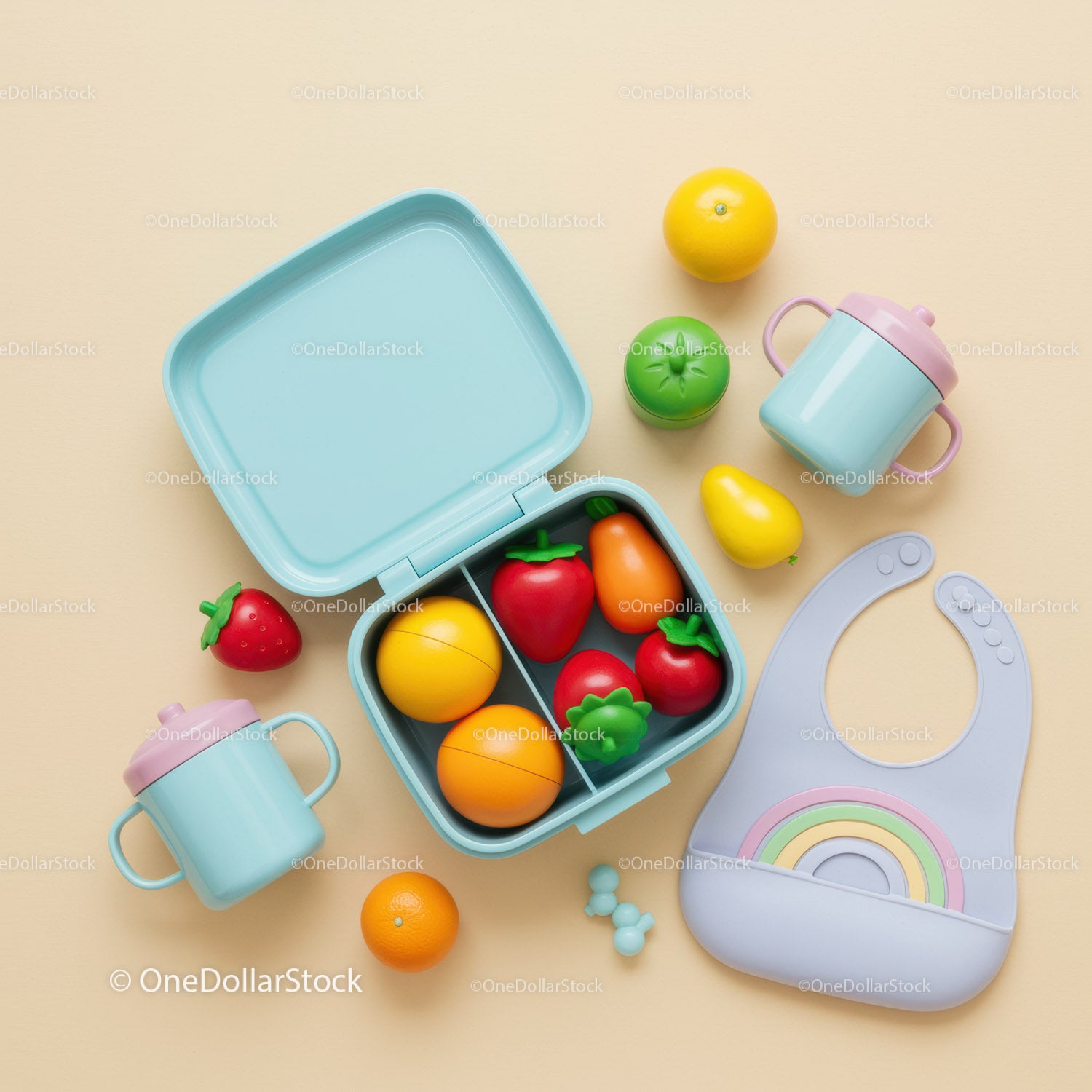 Colorful Baby Feeding Set with Toy Fruits and Bib