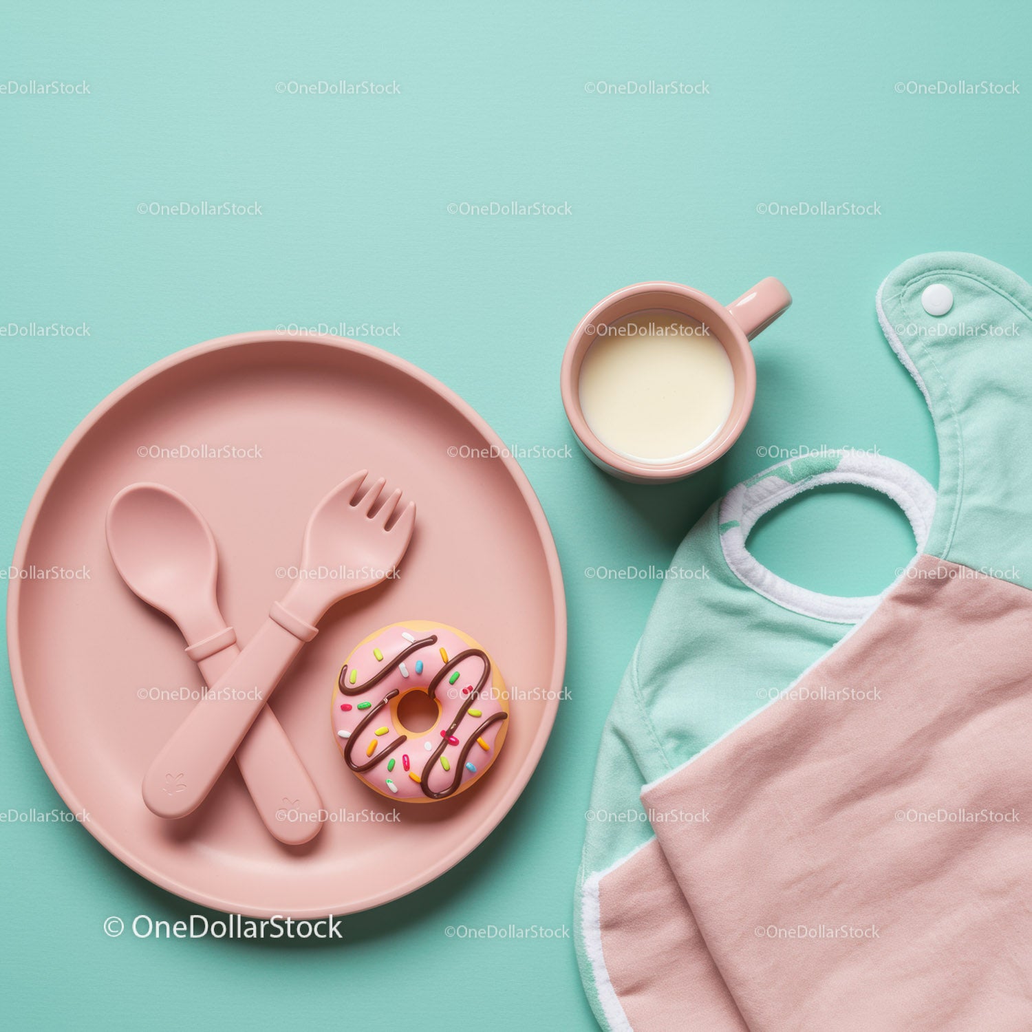 Pink Baby Plate Set with Donut and Milk on Blue Background