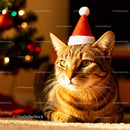 Tabby Cat Wearing Santa Hat Near Festive Lights