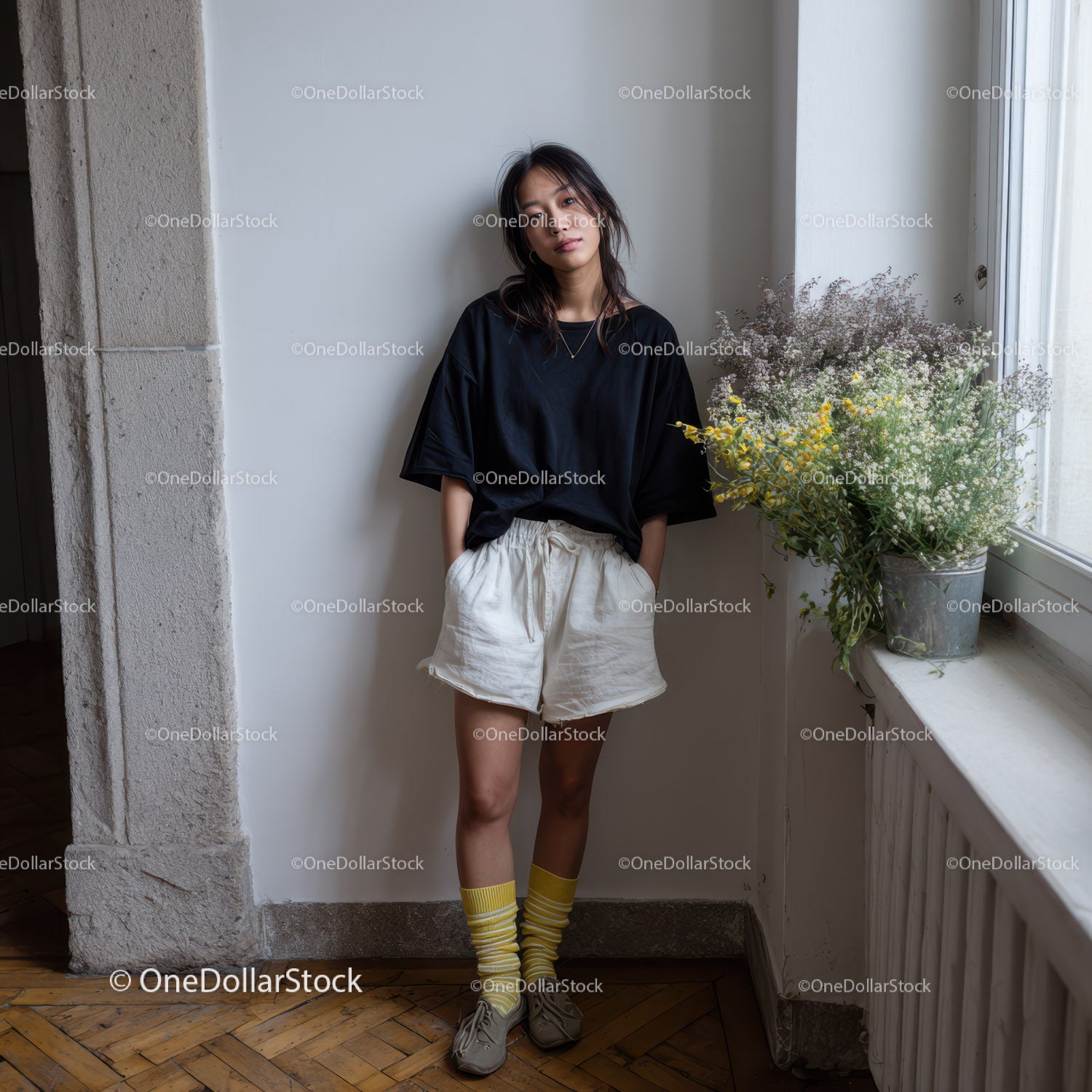 Casual Young Woman in Black T-Shirt and Beige Shorts in Indoor Setting