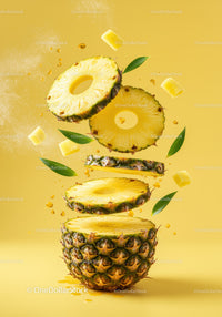 Fresh pineapple slices and cubes levitating on yellow