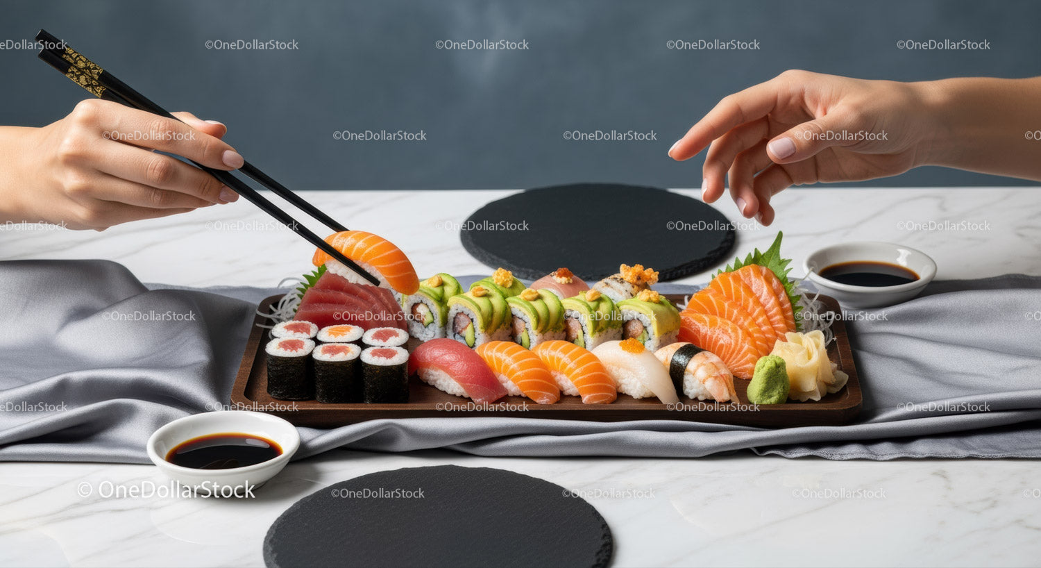 Sushi Platter with Nigiri and Maki Rolls on Elegant Dining Table