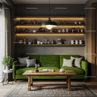 Cozy living room with stylish green sofa and wooden decor