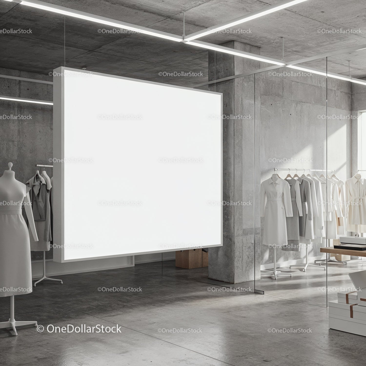 Minimalist fashion showroom with blank illuminated panel