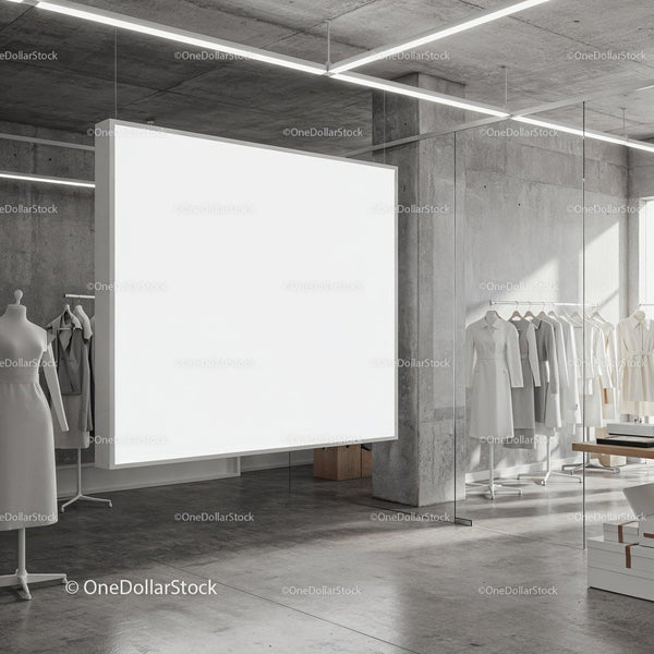Minimalist fashion showroom with blank illuminated panel JPG Mockup Image