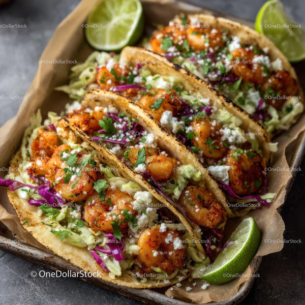 Spicy Shrimp Tacos with Cilantro and Lime Wedges