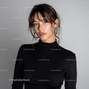 Stylish Woman in Black Turtleneck with Earrings Portrait