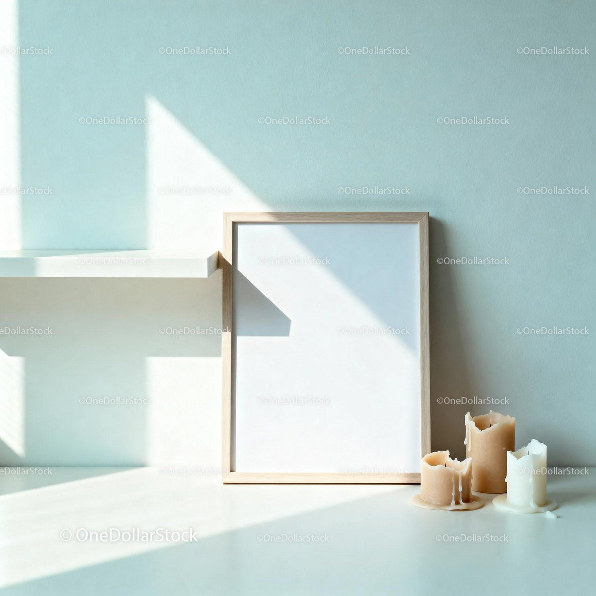 Minimalist blank frame with melting candles on white table JPG Mockup Image preview