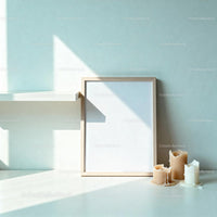 Minimalist blank frame with melting candles on white table JPG Mockup Image preview