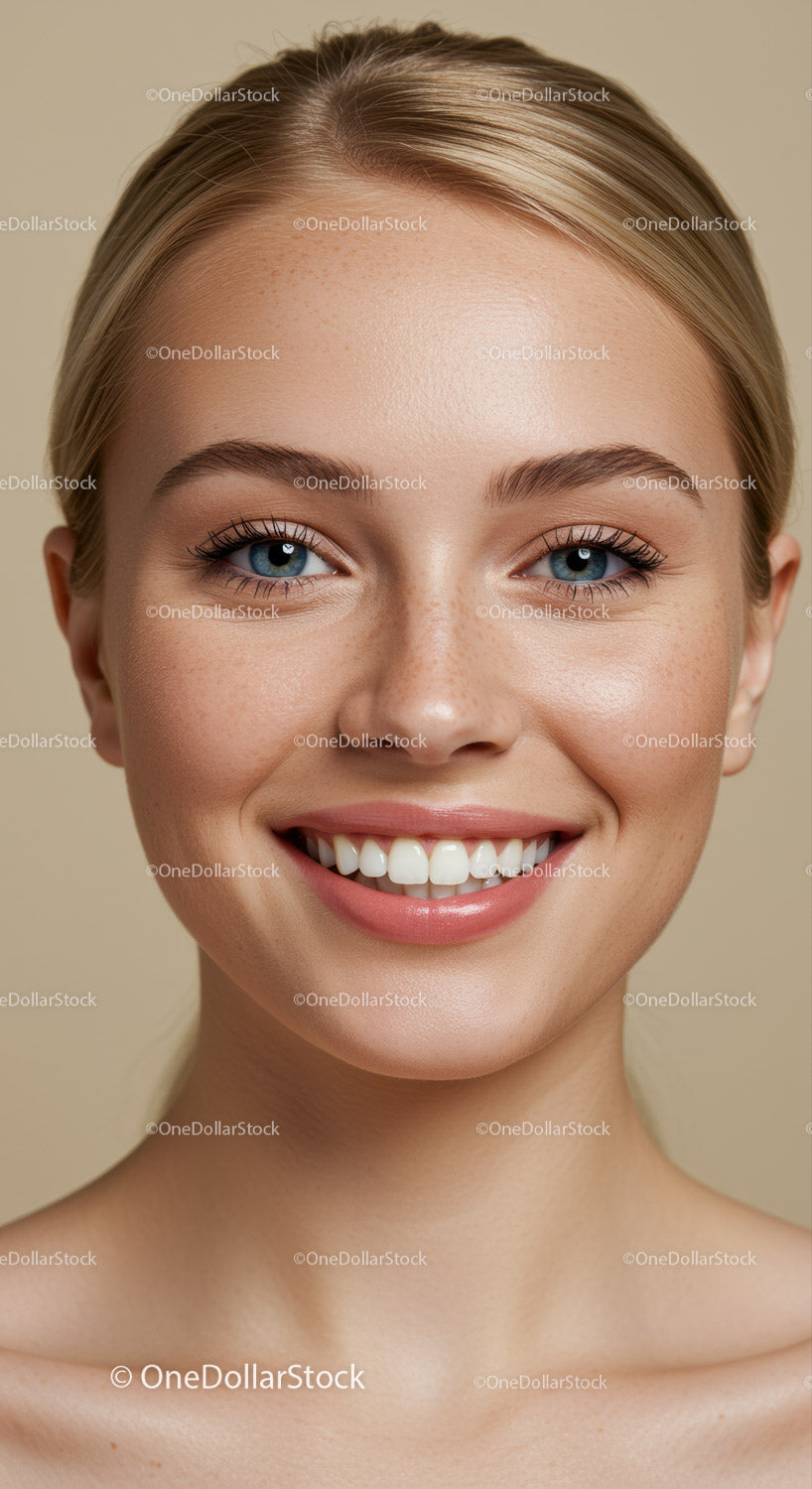 Closeup of Young Woman Smiling with Clear Skin