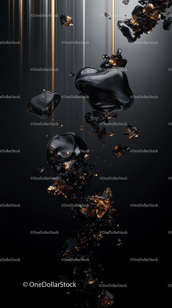 Abstract Black Liquid and Gold Fragments in Modern Digital Art