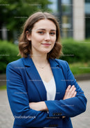 Confident Young Woman in Blue Blazer Crosses Arms Outdoors