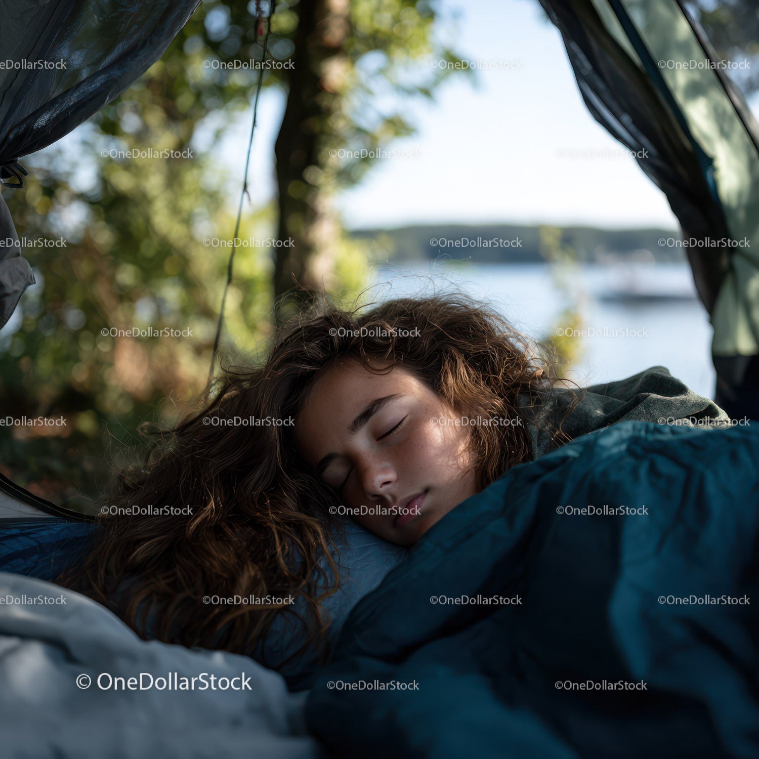 Young Woman Sleeping Peacefully in Camping Tent by Lake