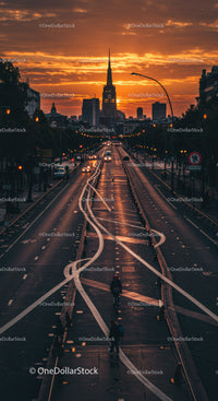 Sunset over City Skyline with Twilight Streets and Moving Traffic