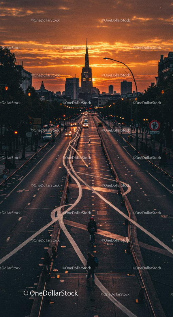 Sunset over City Skyline with Twilight Streets and Moving Traffic