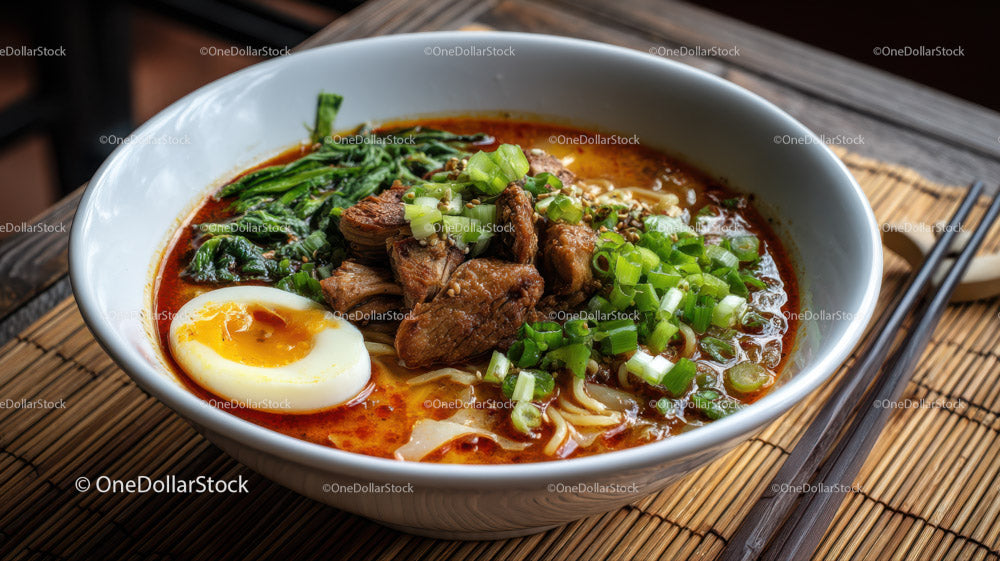 Spicy Ramen Bowl with Boiled Egg Green Onions and Beef Chunks