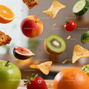Fresh fruits and crispy snacks flying in air