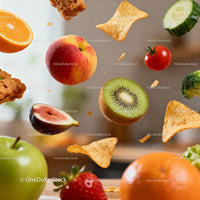 Fresh fruits and crispy snacks flying in air