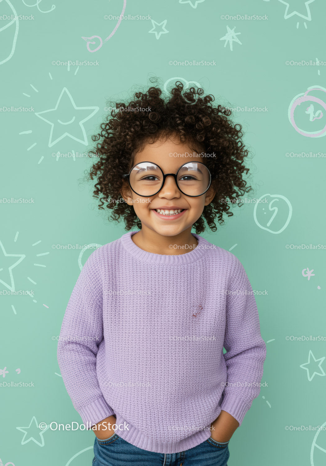Smiling child with curly hair in purple sweater