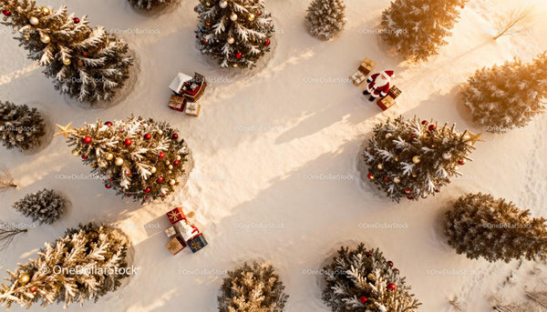 Snowy Christmas trees with gifts and Santa figurine