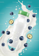 Blueberry Yogurt Bottle with Milk Splash on Blue Background