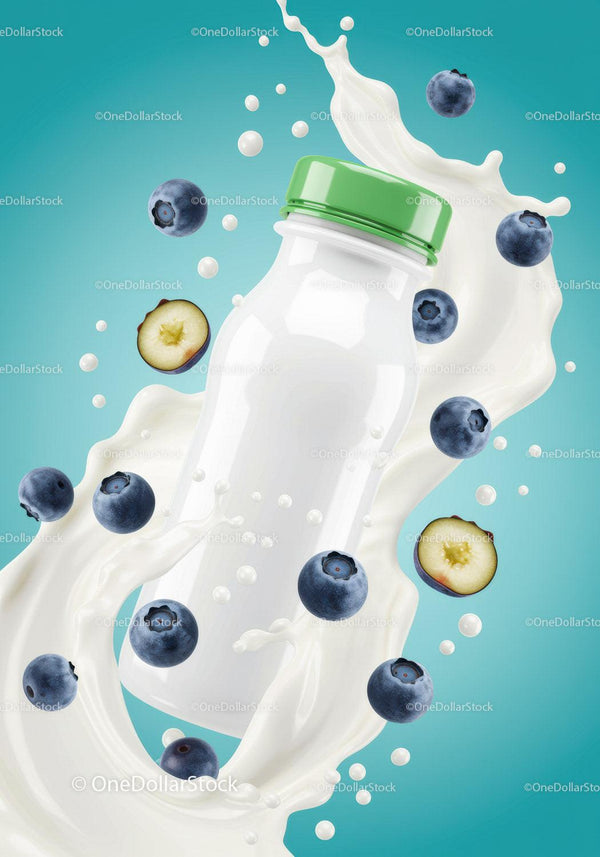 Blueberry Yogurt Bottle with Milk Splash on Blue Background JPG Mockup Image