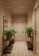 Elegant Hallway with Indoor Ferns and Terracotta Pots in Modern Interior