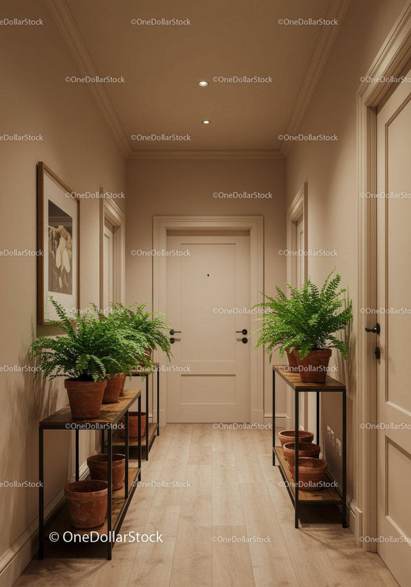 Elegant Hallway with Indoor Ferns and Terracotta Pots in Modern Interior