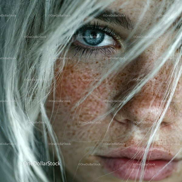 Close-up of Blue Eyes and Freckled Skin on Woman with White Hair