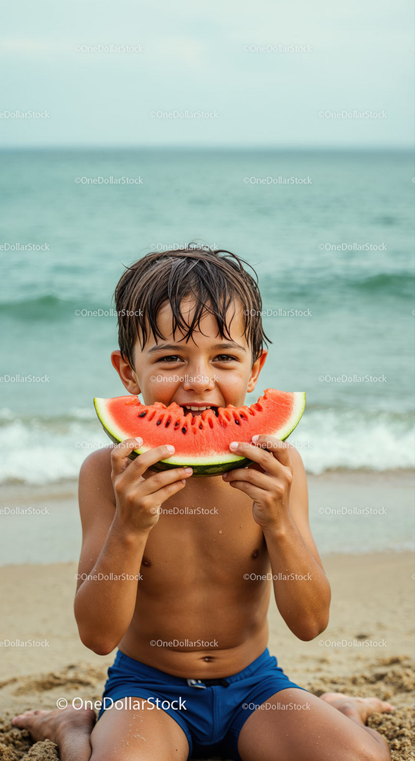 Happy Boy Enjoying Juicy Watermelon at Beach in Summer