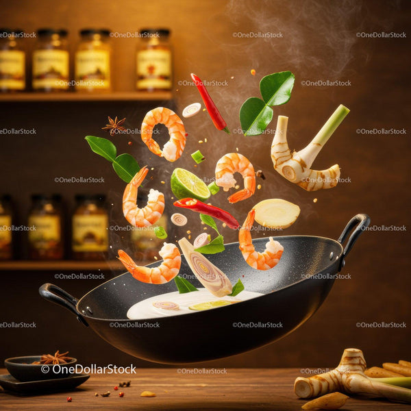 Unoszące się krewetki i aromatyczne składniki w patelni wok
