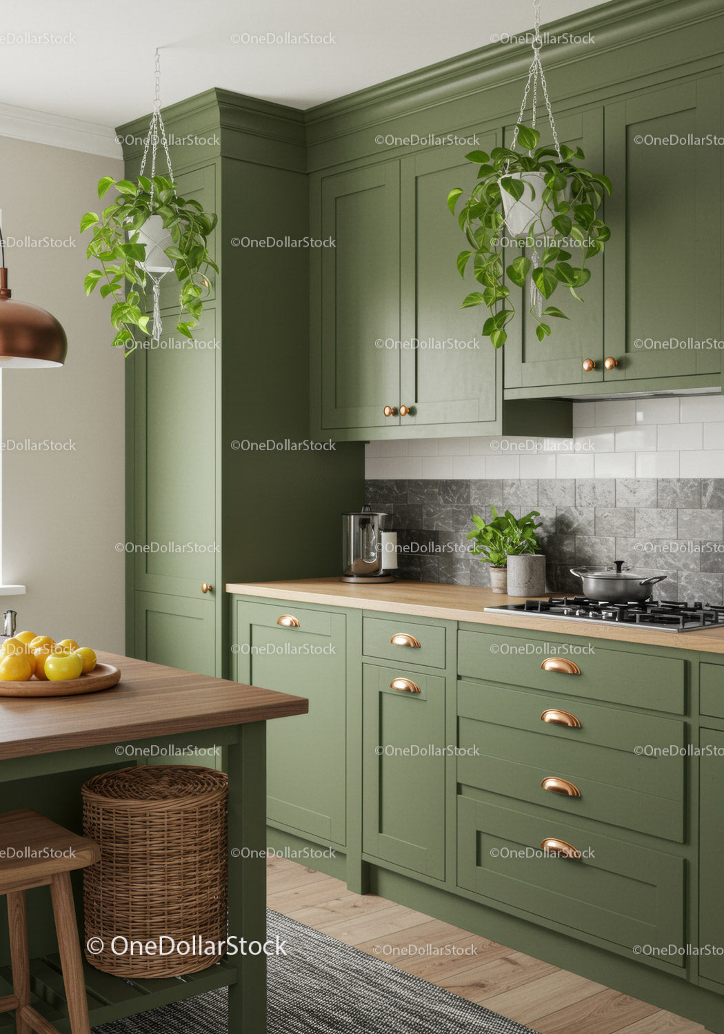 Modern Kitchen with Green Cabinets and Hanging Plants