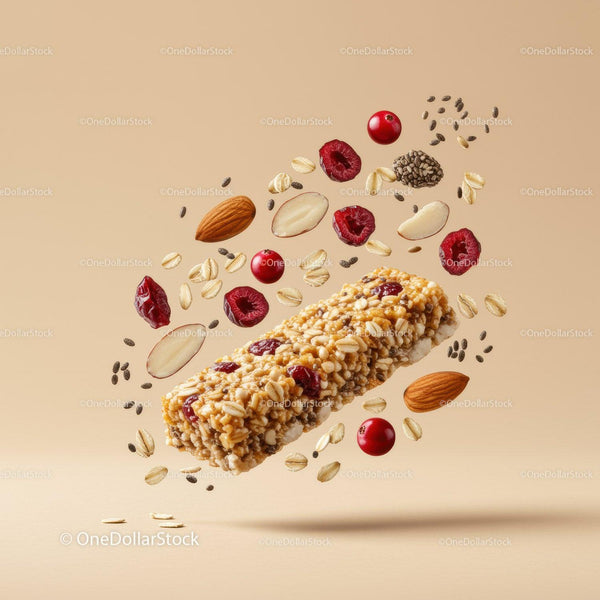 Zdrowy baton granola z migdałami i jagodami w powietrzu