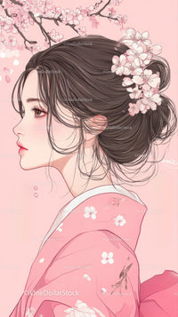 Elegant Woman in Kimono with Cherry Blossoms Artistic Portrait