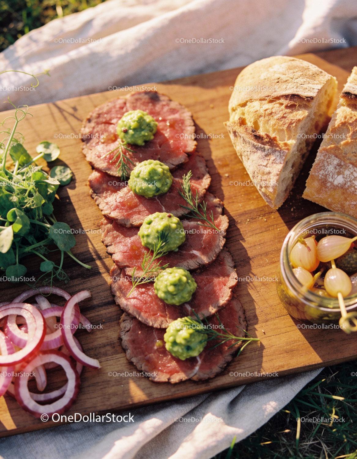 Thinly Sliced Roast Beef with Green Sauce and Fresh Bread