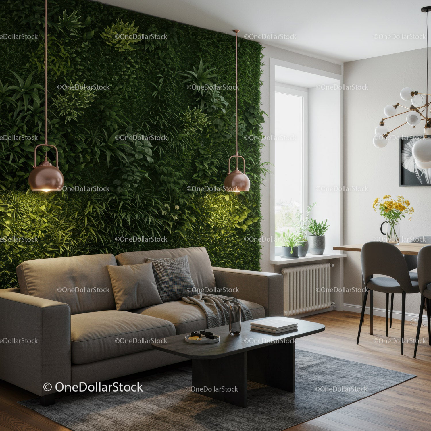 Stylowa zielona ściana i wygodna sofa w nowoczesnym salonie